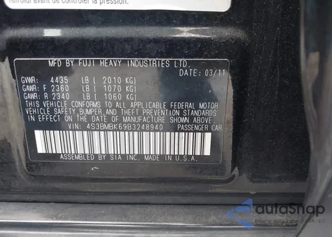 2011 Subaru Legacy 2.5I Limited from USA, damaged, VIN 4S3BMBK69B3248940